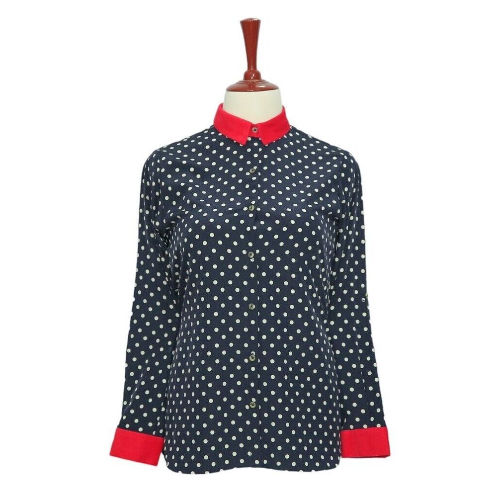Womens Silky Shirt Button Up Blue Polka Dot Red Corduroy Collar Retro Tunic M